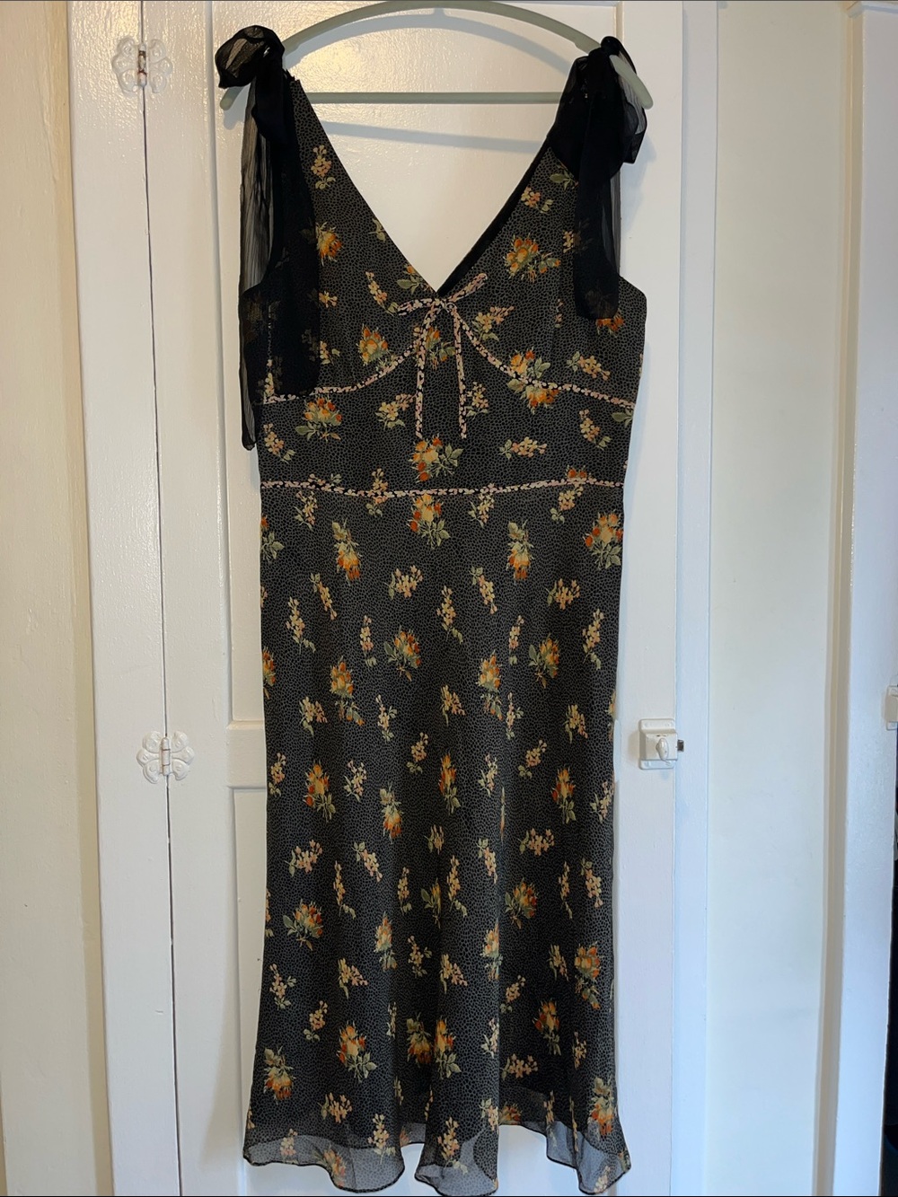 Maggy London Silk Black Floral Midi Dress with Tie Shoulder Details
